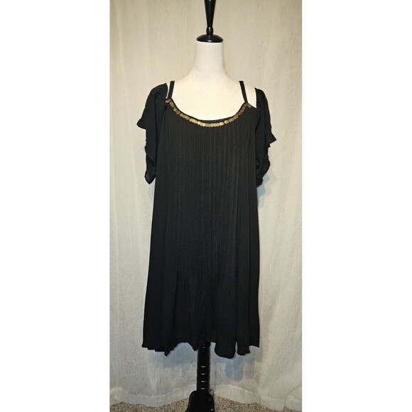 NWT Torrid Women's 1X Plus Black Mini Gauze Cold Shoulder Trapeze Dress Sequin - Picture 1 of 7